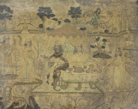 A 17th century silkwork panel, 12 x 15.75in.